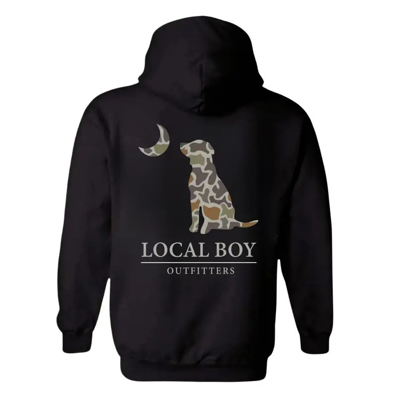 Local Boy Outfitters Hoodie, Classic Camouflage Dog Design Featuring Moon Graphics, Country Boy Clothing, Perfect for...
