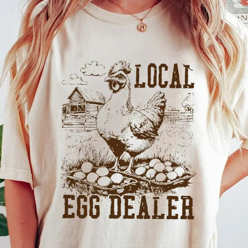 Local Egg Dealer Retro Funny Chicken Shirt, Funny Easter, Trendy Chicken Lover Tee, Farmhouse Chicken Western Tee Hoodie,...