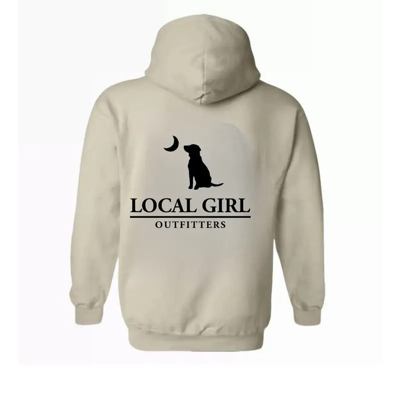 Local Girl Outfitters Hoodie - Bold Pink Camo Dog and Moon Design, Perfect for Outdoor and Nature Loving Girls, Unisex...