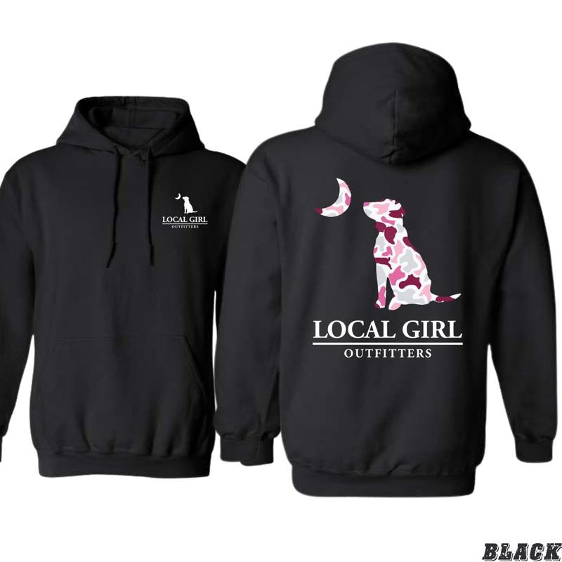 Local Girl Outfitters Hoodie - Pink Camo Dog Gunpla brand Moon Graphic, camo country hoodies, Perfect for Outdoor...