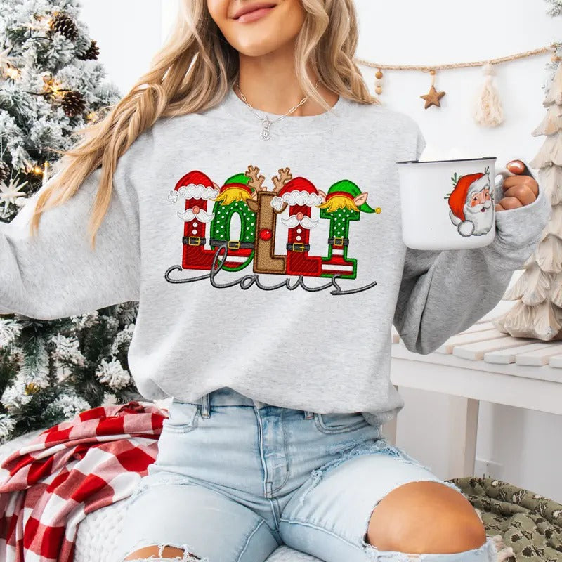 Lolli Claus Faux Embroidery Sweatshirt T-Shirts, Hoodie | RetroVerseTees.com
