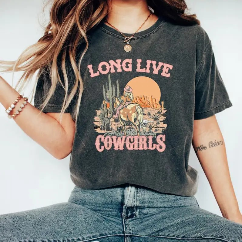 Long Live Cowgirls Tshirt, Retro Western Shirts, Rodeo Fashion Tee Cotton Fabric Love Hoodie, Sweatshirt | RetroVerseTees.com