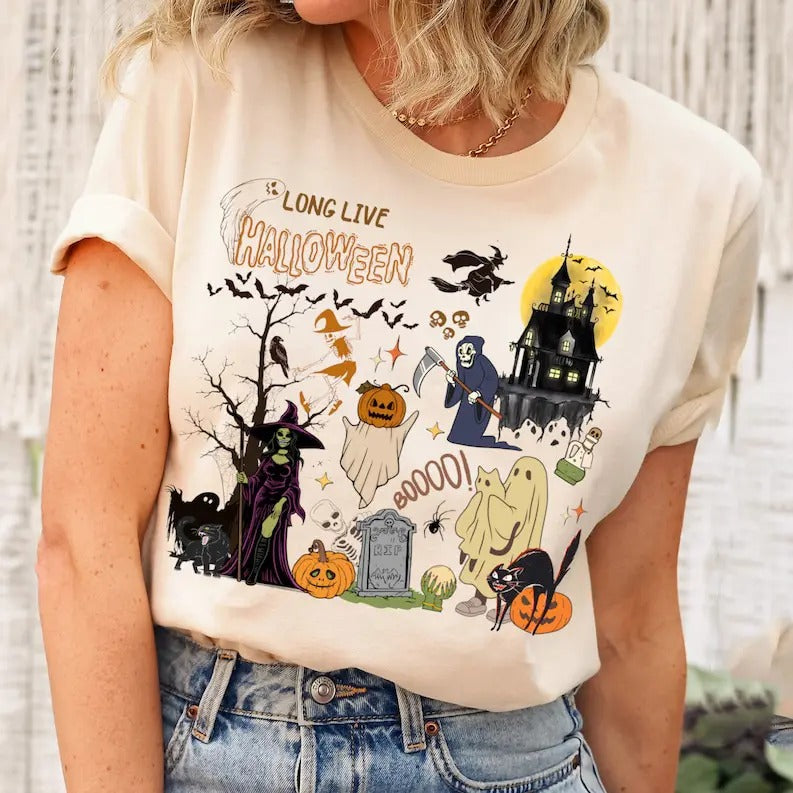 Long Live Halloween Comfort Colors Shirt, Vintage Halloween Shirt, Fall Apparel, Spooky Season Pumpkin Shirt, Black Cat ...