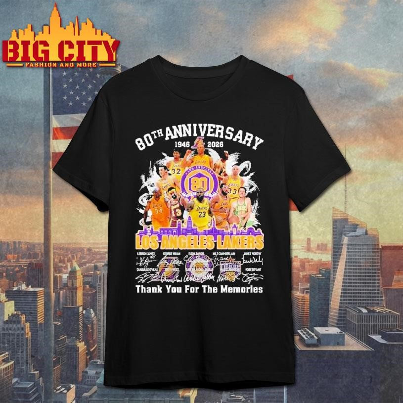 Los Angeles Lakers 80th Anniversary 1946-2026 Skyline Signatures Thank You For The Memories Shirt