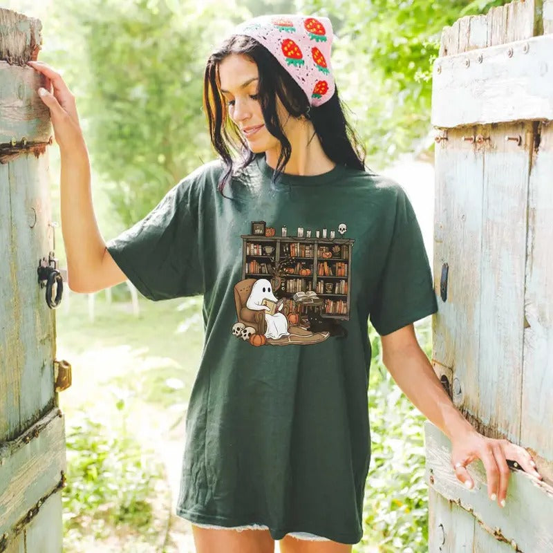 Love Ghost Book Tee, Cute Halloween Shirt, Cotton Shirt For Halloween Hoodie, Sweatshirt | RetroVerseTees.com