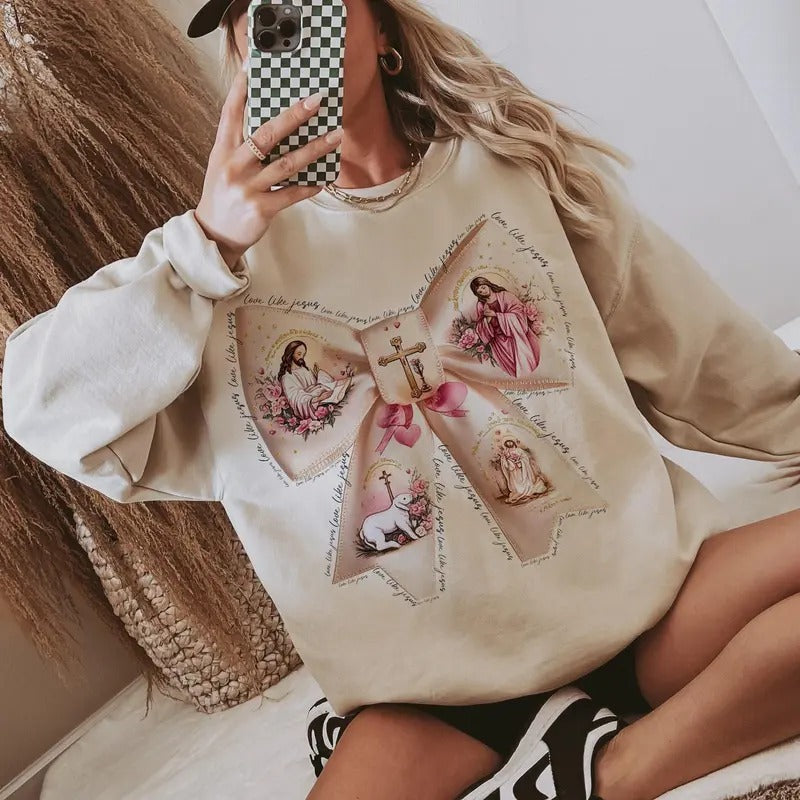 Love Like Jesus Valentine Sweatshirt, Christian Valentine Sweatshirt, Valentine Coquette Bow Sweatshirt, Bible Verse...