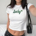 Lucky Baby Tee, Lucky Shamrock Green Baby Tee, Y2k Baby Tee, Sparkly Letters, St. Patrick's Day Shirt, St Paddys Day...