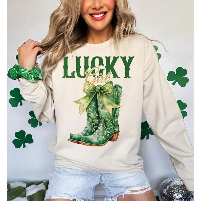 Lucky Girl Tshirt Sweatshirt Hoodie, St Patrick's Day Cowboy Boots Shirt, Green Shamrock Bow, Western Irish Shirt, Unisex...