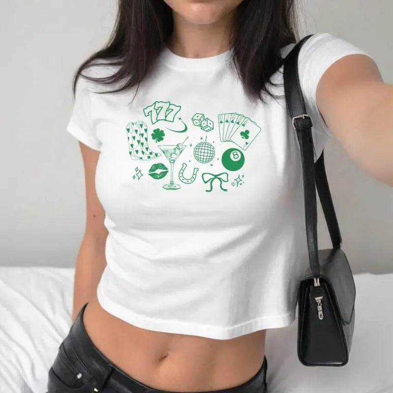 Lucky Girl Y2K Baby Tee, St Patrick's Day Coquette, Lucky Shirt, Y2K 2000's Baby Tee, Downtown Teenage Girl Gift, 2000s...