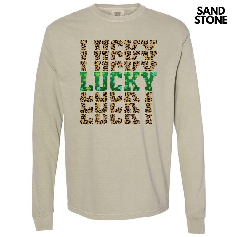 Lucky Stacked Leopard Long Sleeve Comfort Colors T-Shirt Hoodie, Sweatshirt | RetroVerseTees.com