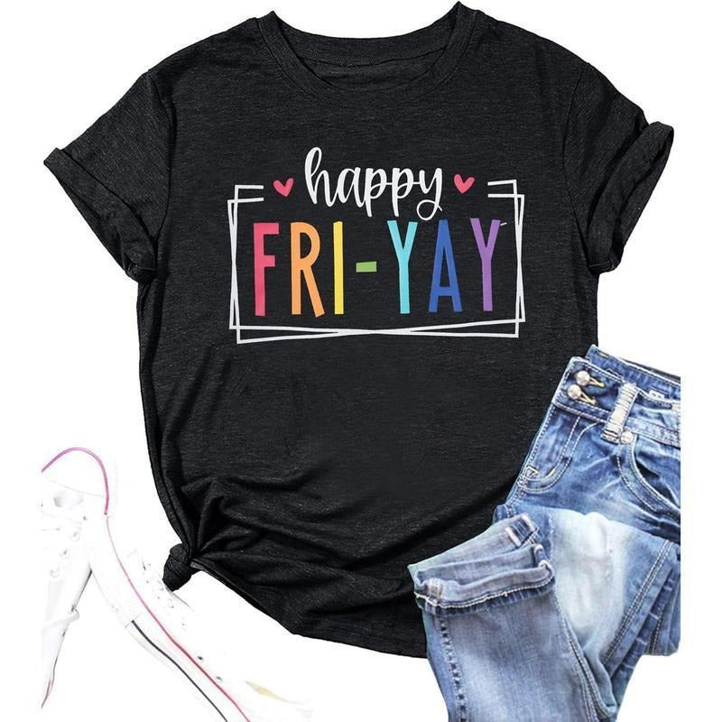 Lulu'WB shield Closet Shop Happy Friday Teacher Shirt Women'WB shield Cotton T-Shirt for Teachers with Colorful "Happy...