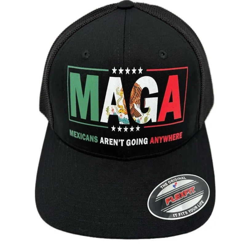 MAGA Mexico Hat with Graphic Design and "MEXICANS AREN'T GOING ANYWHERE" Text, Black Color, Flex Fit one size Adjustable...
