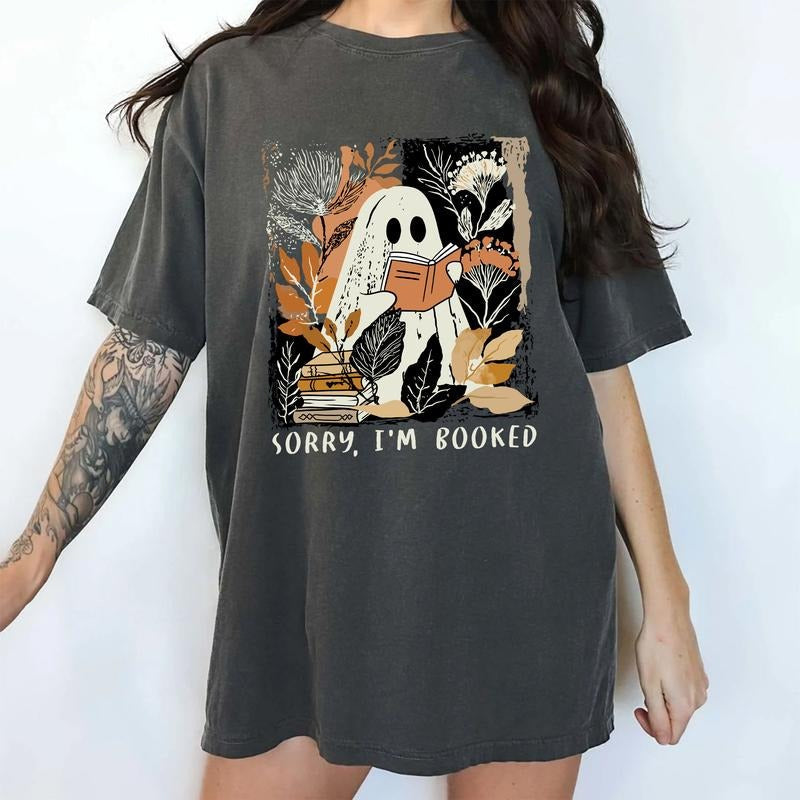 MAPTEES Retro Sorry I'm Booked Comfort Colors Shirt, Vintage Bookish Autumn Ghost Graphic Tee, Cute Ghost Reading...