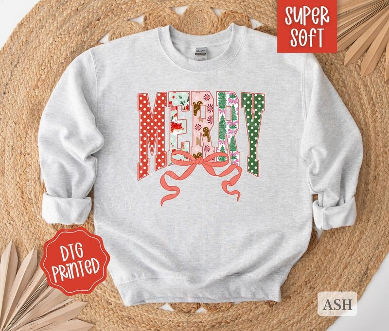 MERRY Sweatshirt, Trendy Women's Christmas Crewneck T-Shirts, Hoodie | RetroVerseTees.com