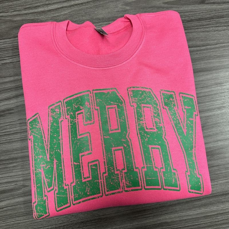 MERRY green on Hot Pink Gildan Sweatshirt T-Shirts, Hoodie | RetroVerseTees.com