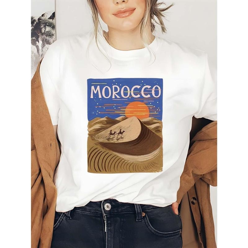 MOROCCO Printed Short Sleeved T-shirt, Graphic Shirts, Casual Round Neck Women'WB shield T-shirt, Women'WB shield...