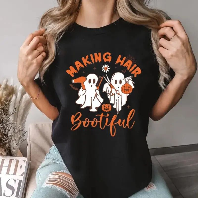 Making Hair Bootiful Shirt, Ghost Hair Stylist Shirt, Hair Dresser Shirts For Halloween, Hairstylist Gift Hairdresser For Halloween, Unisex Short Sleeve Tee Shirt, Casual Clothing
