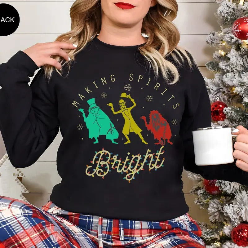 Making Spirits Bright Christmas Sweatshirt, Haunted Mansion Sweatshirt, Hitchhiking Ghosts Tee Hoodie | RetroVerseTees.com
