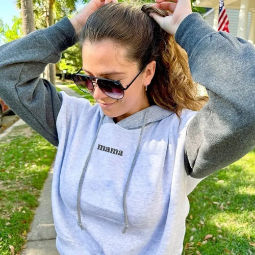 'Mama' Colorblock Hoodie - Soft Cotton Cropped Pullover for Women T-Shirts, Sweatshirt | RetroVerseTees.com