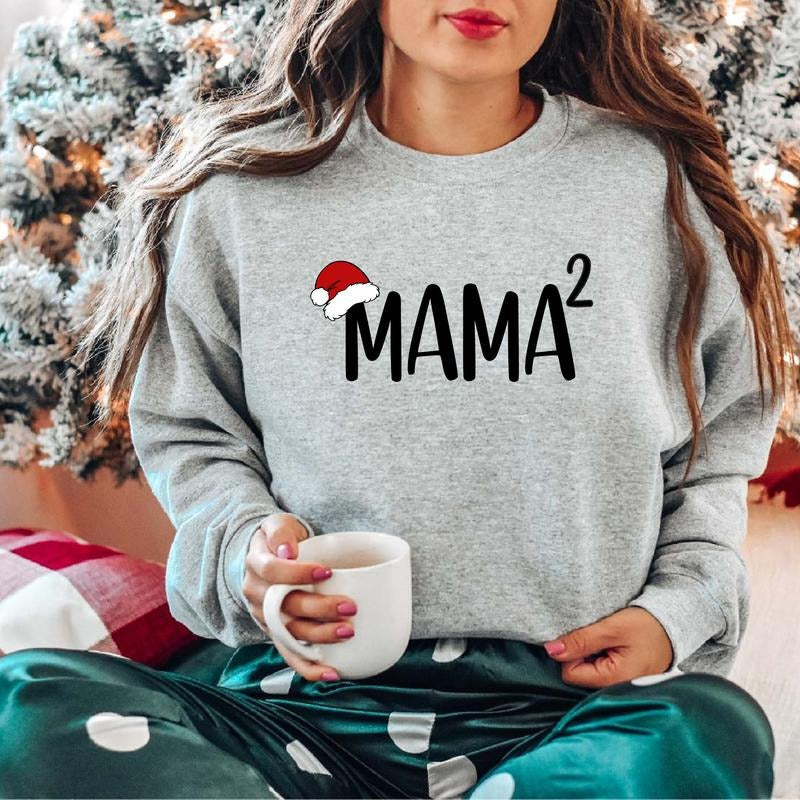 Mama 2 Christmas Sweatshirt, Mom Of Two Santa Hat Sweater, Second Baby Reveal Xmas Party Gift Hoodie, Mother Pregnancy...
