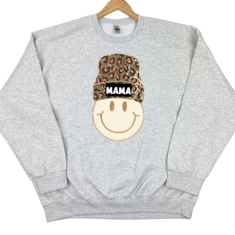 Mama Beanie Patch Sweatshirt -- ASH GREY T-Shirts, Hoodie | RetroVerseTees.com
