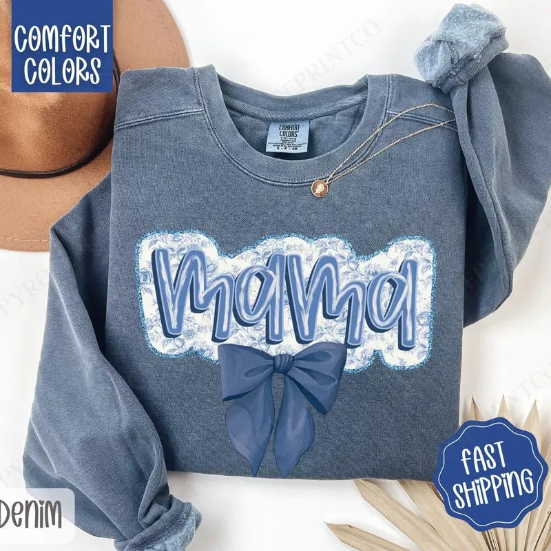 Mama Bow Comfort Colors Sweatshirt, Coquette Mama Crewneck, Gift for Mom T-Shirts, Hoodie | RetroVerseTees.com