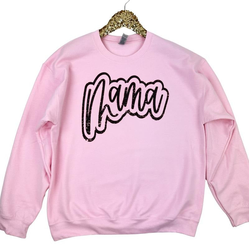 Mama Cursive Distressed Gildan Sweatshirt -- Light Pink T-Shirts, Hoodie | RetroVerseTees.com