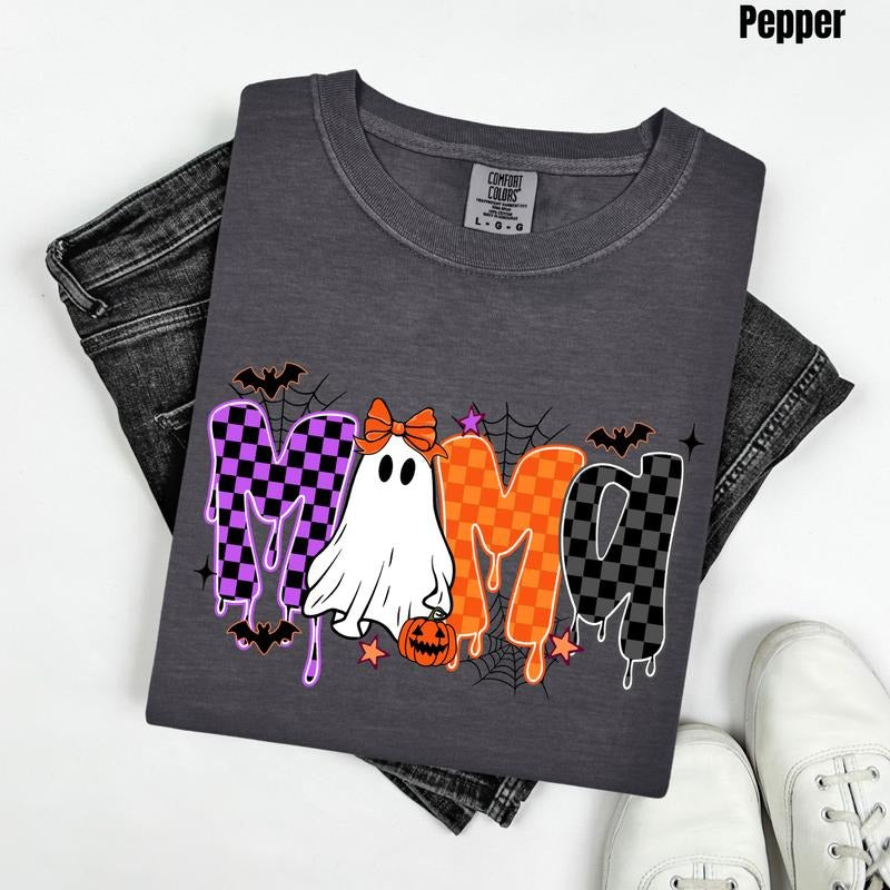 Mama Ghostly Checkered Comfort Colors T-Shirt 'NLB' Hoodie, Sweatshirt | RetroVerseTees.com