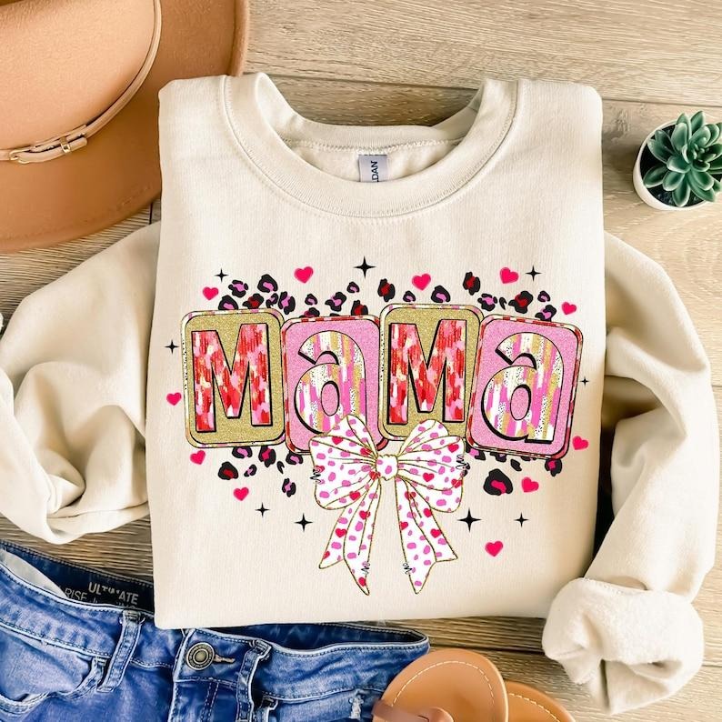 Mama Valentine Loved Mama Sweatshirt Valentines Day Heart Coquette Bow , Pink, Brushstroke Valentine T-Shirts, Hoodie