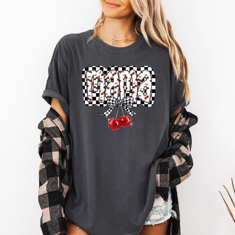 Mama, Cherries, Checkered, Retro, Comfort Colors T-Shirt, Women's Comfort Colors Tee Hoodie, Sweatshirt | RetroVerseTees.com