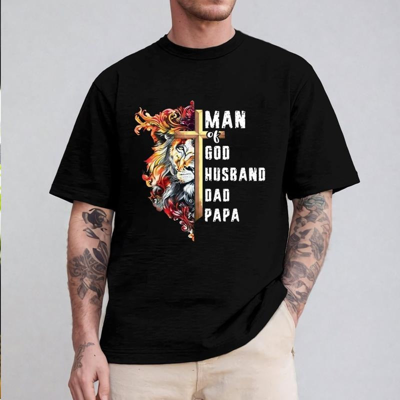 Man Of God Husband Dad Papa Father's Day T-Shirt Casual Style Crew Neck Short Sleeve T-Shirt Tops Trendy for Unisex,...