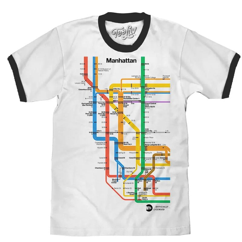 Manhattan Metro Map Ringer T-Shirt - White and Black Hoodie, Sweatshirt | RetroVerseTees.com