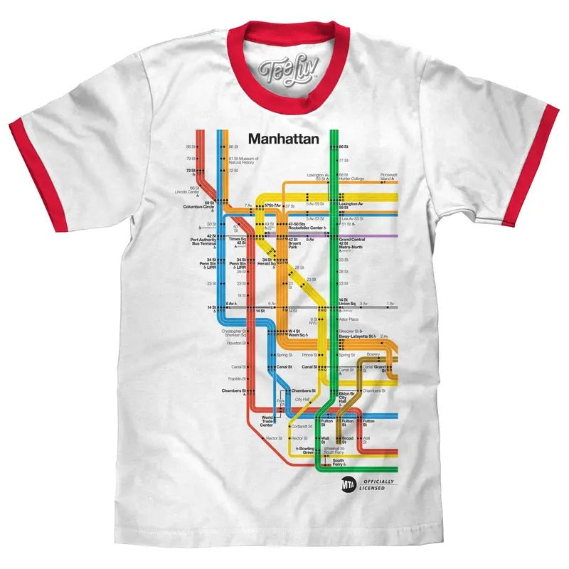 Manhattan Metro Map Ringer T-Shirt - White and Red Hoodie, Sweatshirt | RetroVerseTees.com