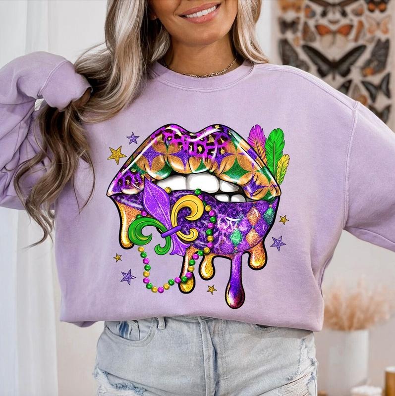 Mardi Gras Lips Comfort Colors Unisex Sweatshirt T-Shirts, Hoodie | RetroVerseTees.com