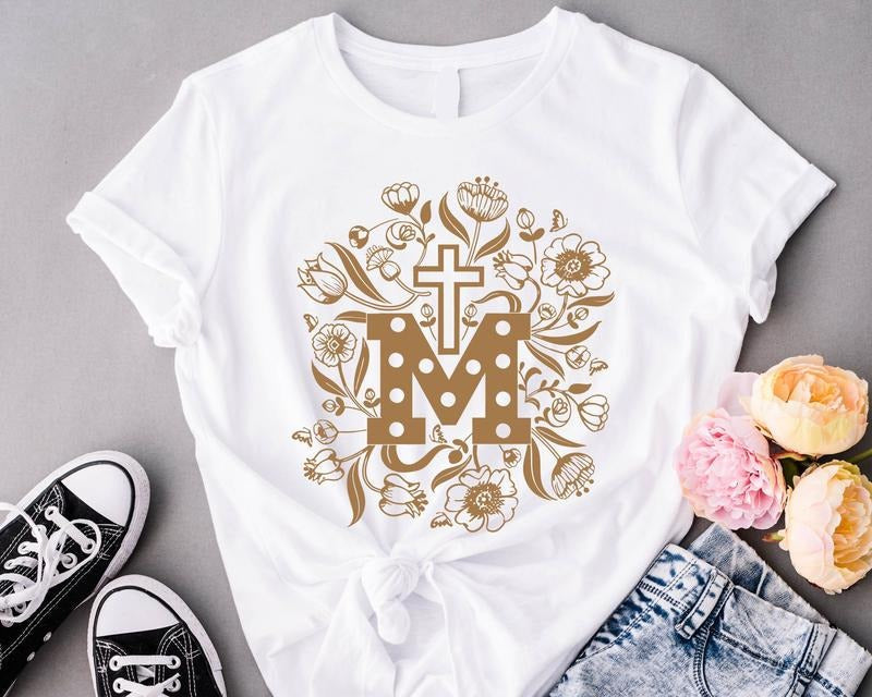 Marian Catholic Shirt, Assumption of Mary Shirt, Floral Religious T-Shirt, Catholic Gift Shirt For Woman, M & Faith Cross Tee, Holiday Gift Tee.