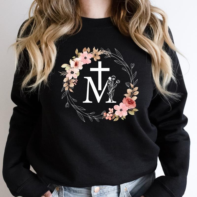 Marian Catholic Sweatshirt, Assumption of Mary Hoodie, Christian Sweater For Woman, Floral M And Faith Cross Gift...