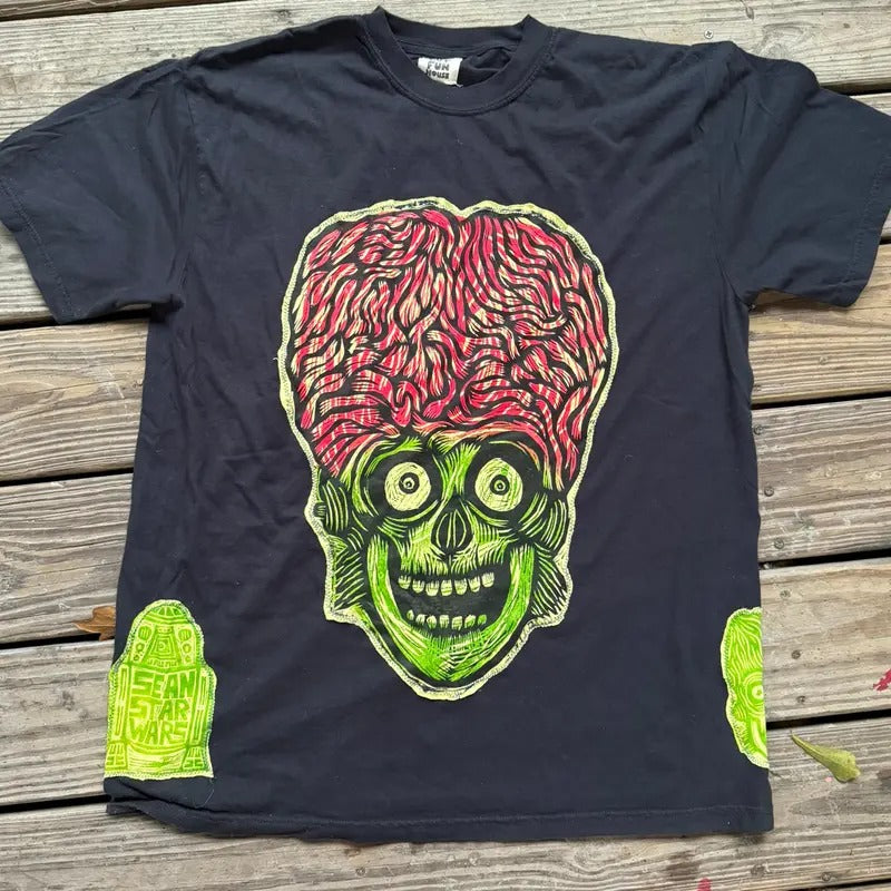 Martian Skull  Hand printed Limited Edition T Shirt Cotton Menswear graphic tees Hoodie, Sweatshirt | RetroVerseTees.com