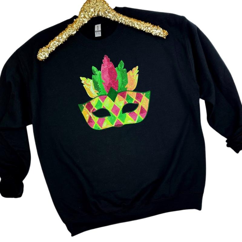 Masquerade Sequin Patch Gildan Sweatshirt -- BLACK T-Shirts, Hoodie | RetroVerseTees.com