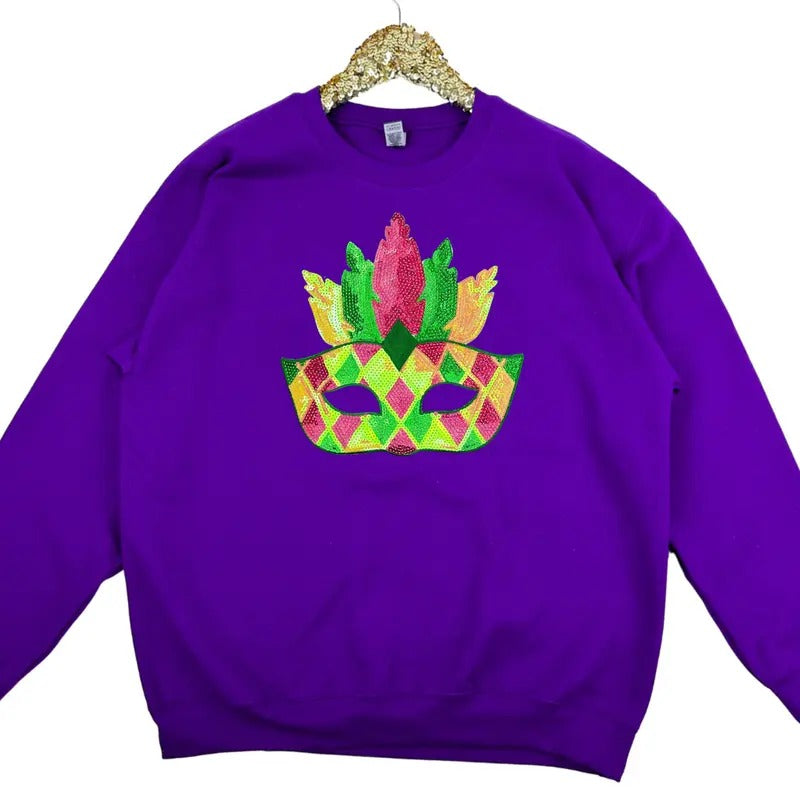 Masquerade Sequin Patch Gildan Sweatshirt -- PURPLE T-Shirts, Hoodie | RetroVerseTees.com