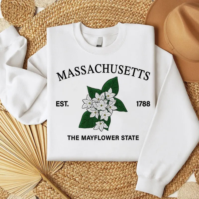 Massachusetts Mayflower Embroidered State Flower Sweatshirt, Hometown Embroidered Shirt, Favorite Flower Embroidered...