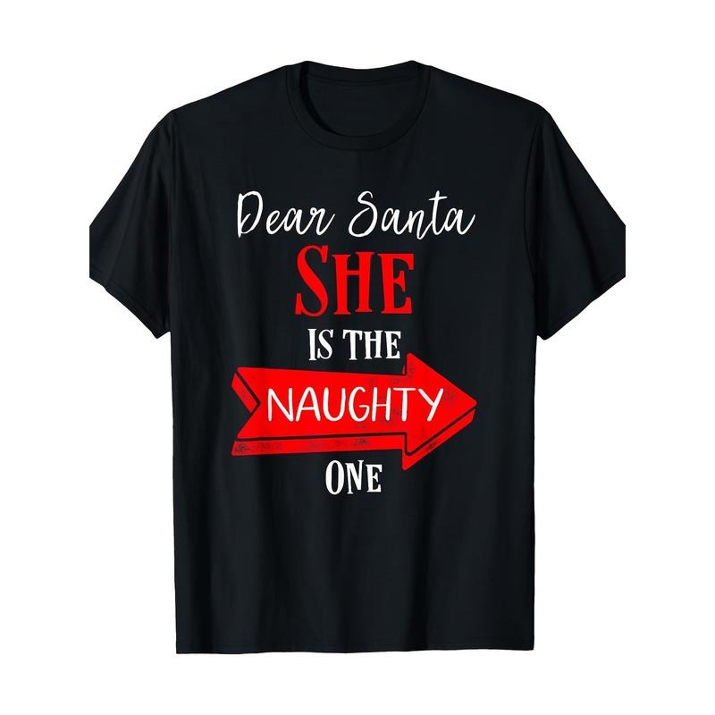 Matching Christmas Outfit For Couples She's The Naughty One T-Shirt Made in USA Hoodie, Sweatshirt | RetroVerseTees.com