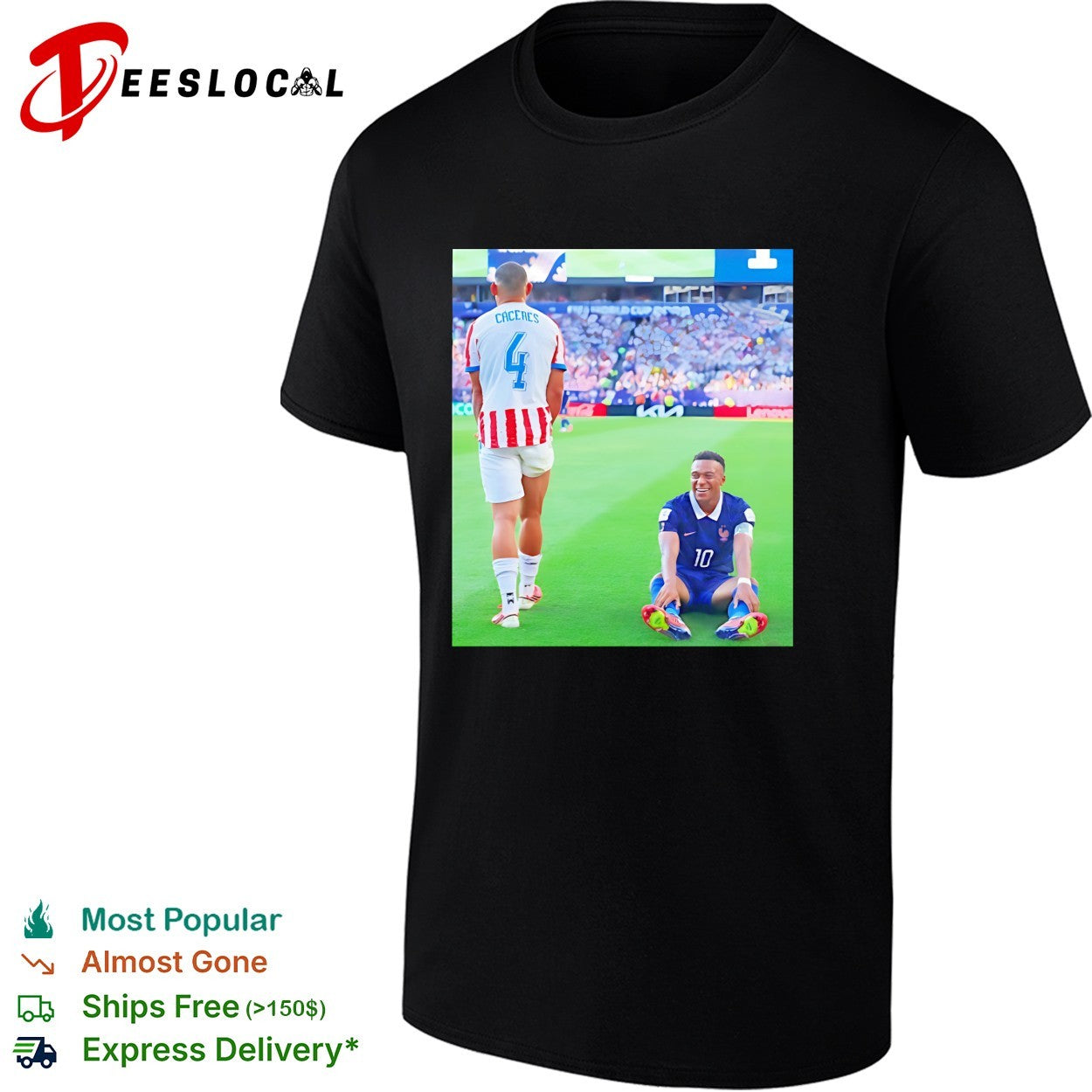 Mbappe France number 10 laughing on pitch Caceres number 4 World Cup shirt