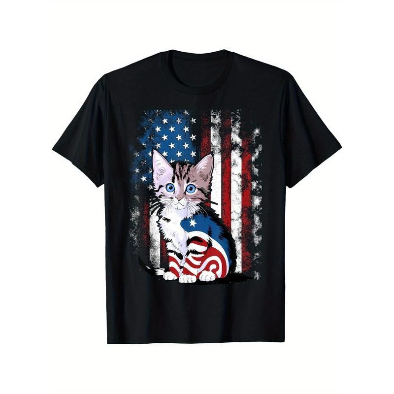 Memorial Day Cat Funny Kitten 4th FOG July Patriotic Usa Flag T-Shirt100% Round Neck T-shirt Halloween Thanksgiving...