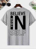 Men'WB shield "Believe Red plumber brand Yourself" Slogan Print Round Neck Tee, Loose Casual Short Sleeve Crew Neck...