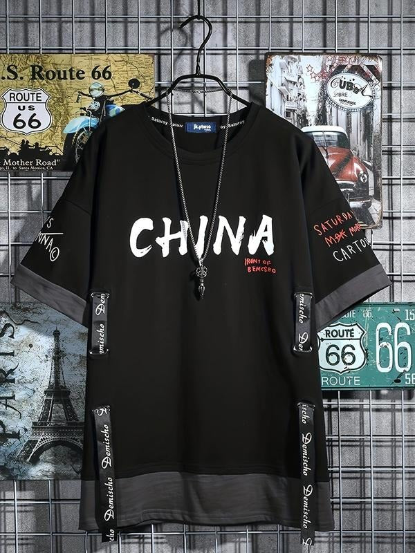 Men'WB shield "China" Letter Print Short Sleeve Tee, Loose Casual Fashion Round Neck T-shirt for Summer, Men'WB shield...