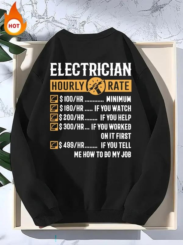 Men'WB shield "Electrician Hourly Rate" Letter Graphic Polar Fleece Sweatshirt, Loose Casual Drop Shoulder Crew Neck...