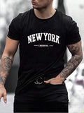 Men'WB shield "NEW YORK" Letter Print Round Neck Short Sleeve Tee, Regular Fit Casual Fashion Printed T-Shirt for Summer...