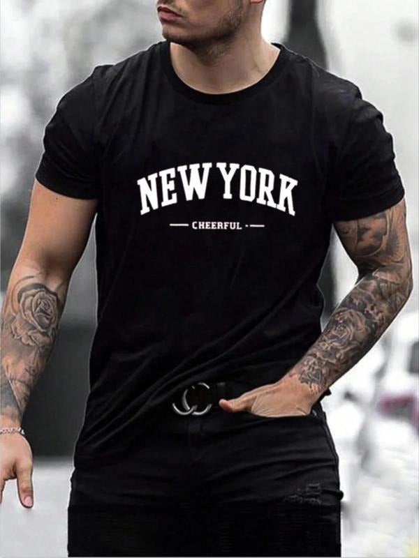 Men'WB shield "NEW YORK" Letter Print Round Neck Short Sleeve Tee, Regular Fit Casual Fashion Printed T-Shirt for Summer...