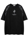 Men'WB shield American Retro Style Letter & Wing Embroidery Round Neck Tee, Loose Street Fashion Casual Comfy Half Sleeve...