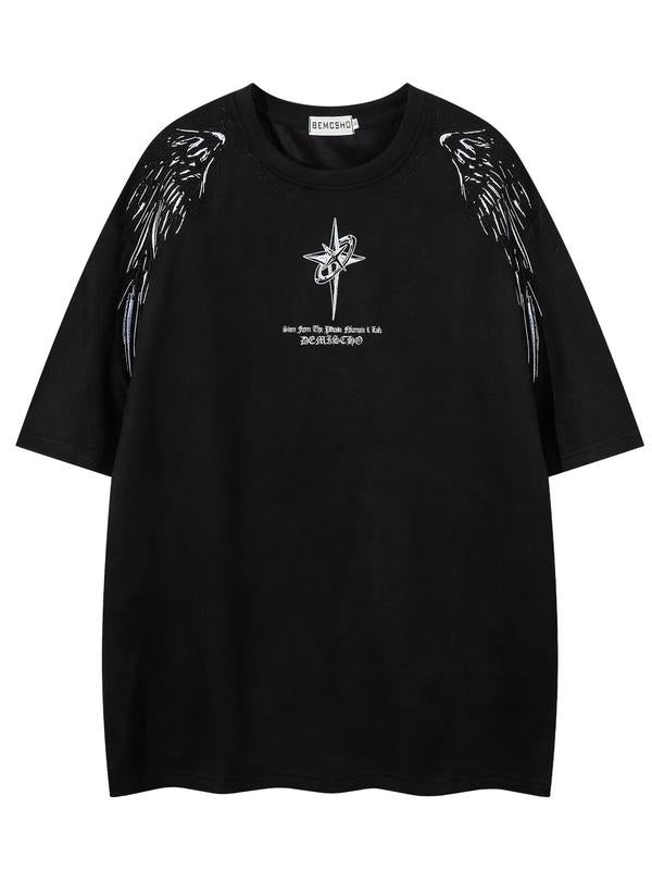 Men'WB shield American Retro Style Letter & Wing Embroidery Round Neck Tee, Loose Street Fashion Casual Comfy Half Sleeve...